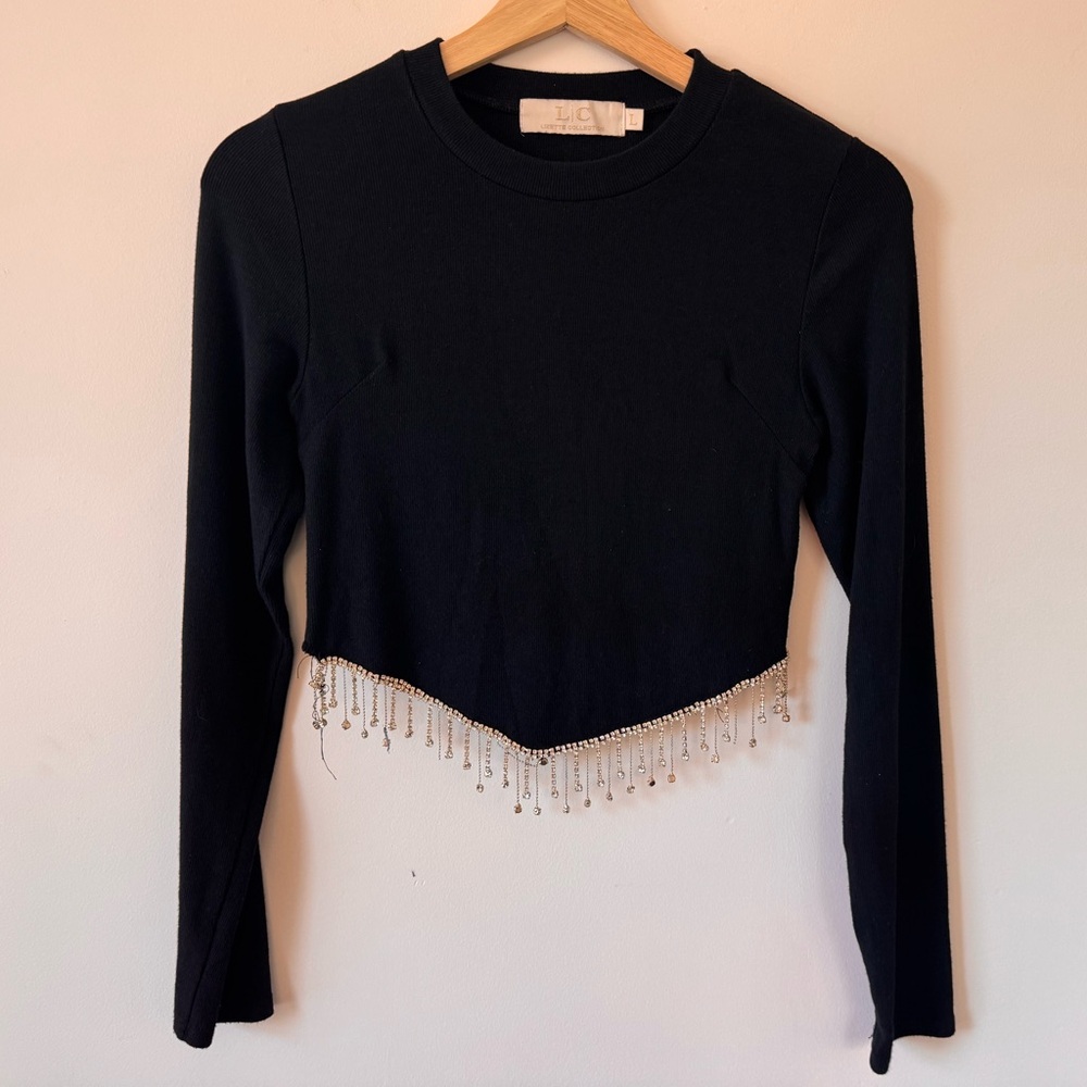 Elegant Black Long Sleeve Top with Beaded Rhinestones Size L